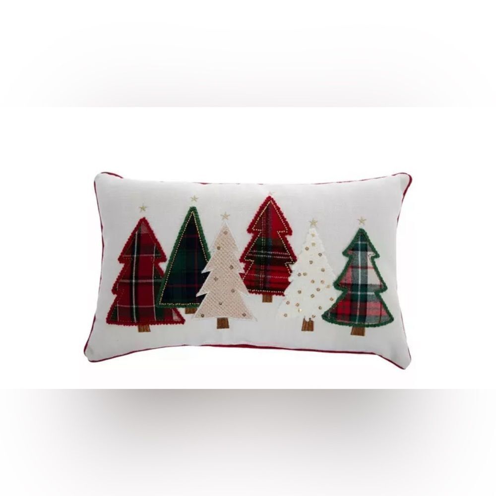 Plaid Christmas Trees Pillow Festive Holiday Pillow with Christmas Tree Design